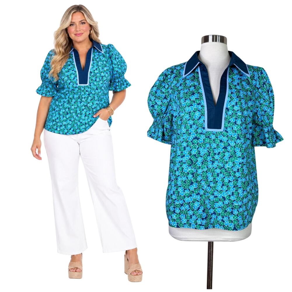 Entro | Floral Navy Blue Green Collar Ruffle Puff Sleeve Cotton Blouse Top Large